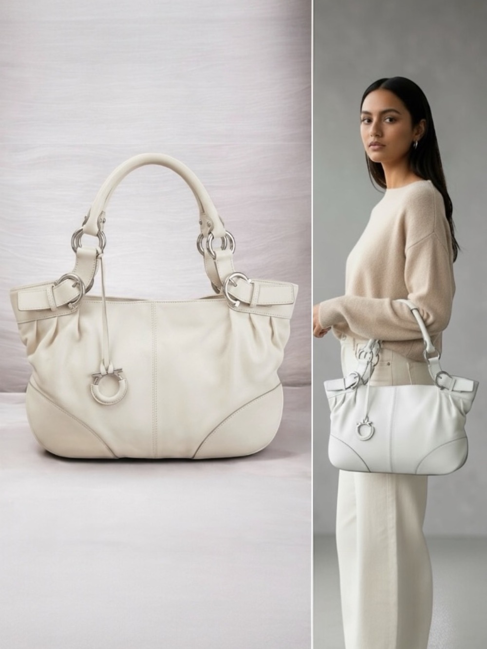 Salvatore Ferragamo Gancini Medium Size Leather Tote Bag - Ivory / Off-White